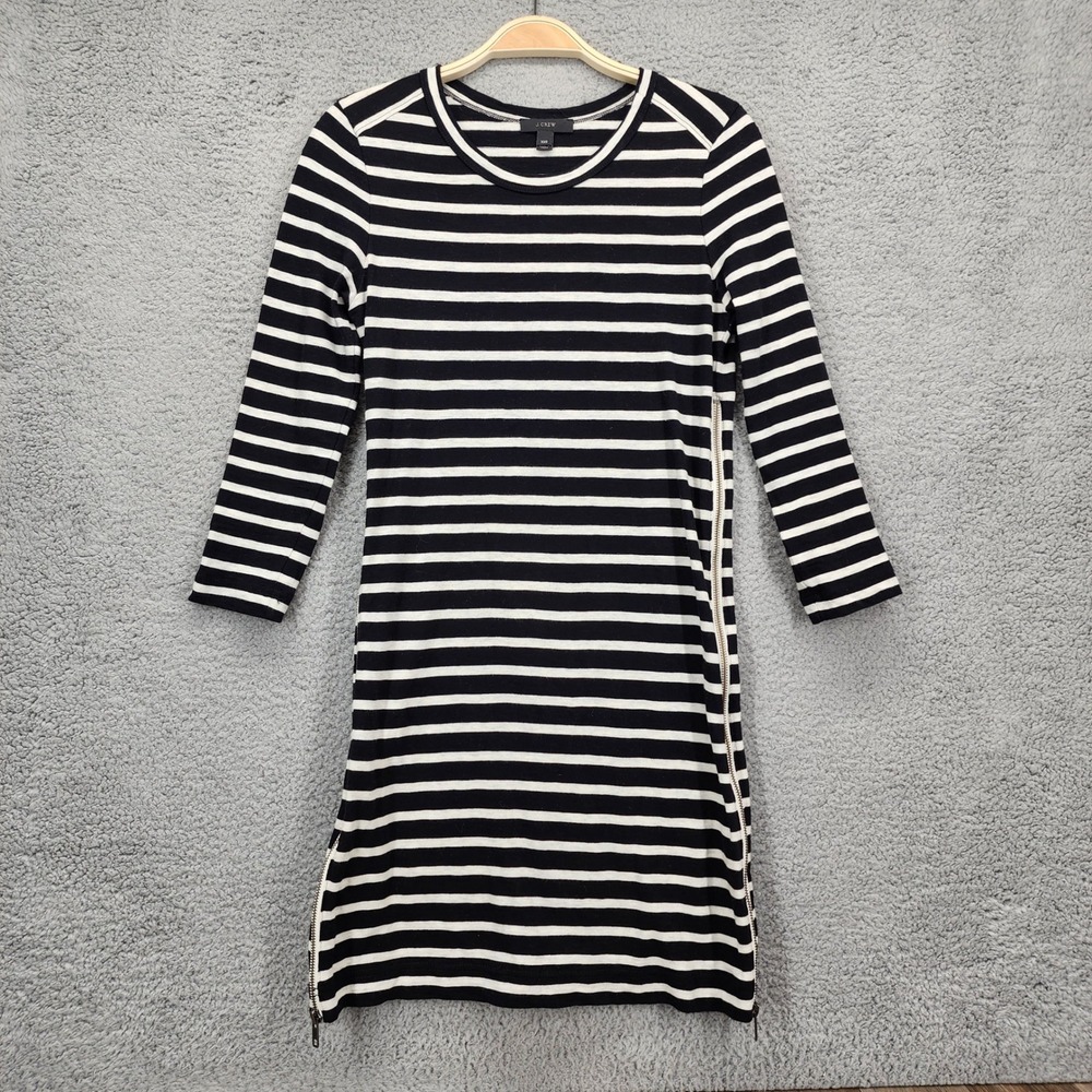 J. Crew Womens XXS Striped Cotton Knit Side Zip 3/4 Sleeve Dress Black White